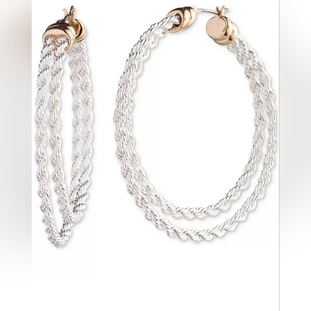 Lauren Ralph Lauren two Tone Rope Split gold and silver plated hoop Earrings new - Picture 2 of 9